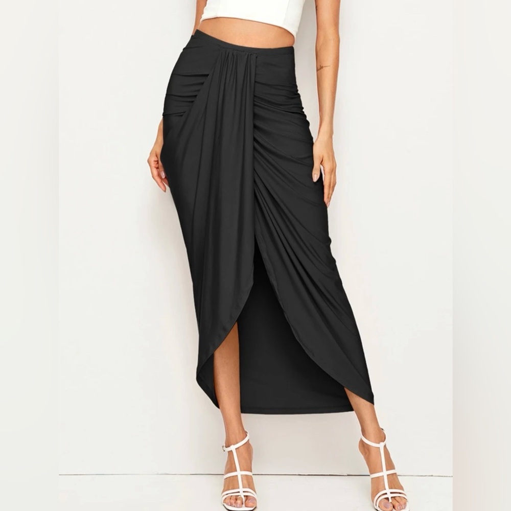 Black Ruched Wrap Maxi Skirt